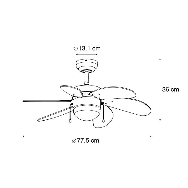 Maßzeichnung eines Deckenventilators mit Beleuchtung mit einem Durchmesser von 77,5 Zentimeter und einer Höhe von 36 Zentimeter.