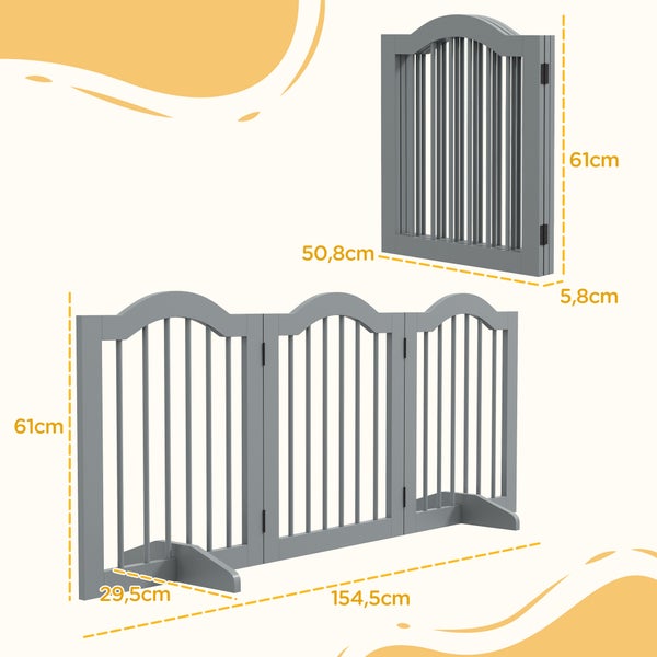 PawHut Absperrgitter Hund 3-teilig, 154,5 x 61 cm Faltbar Hundegitter mit Tür, Türschutzgitter mit 2 Stützfüßen, Freistehend Treppengitter für Küche, Flur, Hellgrau