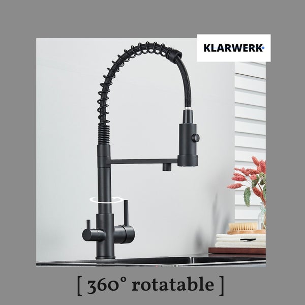 Bernd | 3 Wege Gastronomie Schwarz matt Filtermatur | Feder Edelstahl Osmose Wasserhahn Küche | Restaurant Mischbatterie 360° drehbar 2 Anschlüsse
