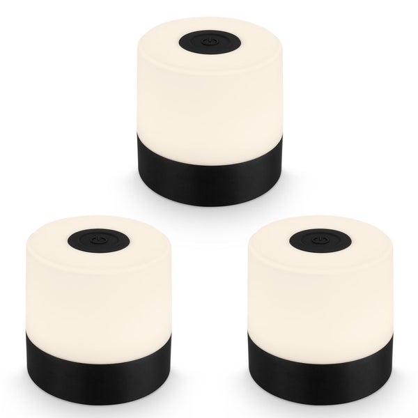 Set aus drei tragbaren LED Tischleuchten mit schwarzem Sockel und weiß leuchtendem Oberteil.