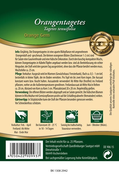 Rückseite der Samenpackung für Orangentagetes Orange Gem mit Informationen zu Aussaat, Keimung, Standort und Ernte.