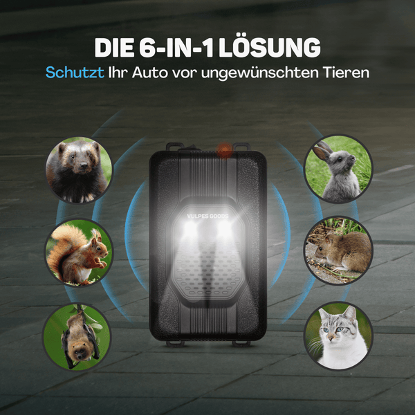 Vulpes Goods Marderschreck Auto - Marderabwehr Ultraschall & Blitzlicht - Marderschutz - 12V Auto, Batterie, USB - 2 Stück