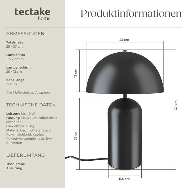 tectake Altea Kleine Retro-Tischlampe Altea, Pilzdesign, 40W 25 x 37 cm schwarz