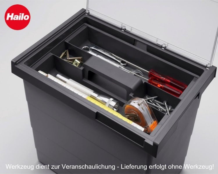 Hailo Logo. Werkzeugeinsatz aus Kunststoff für Werkzeugbox mit transparentem Deckel und verschiedenen Fächern für Werkzeug.