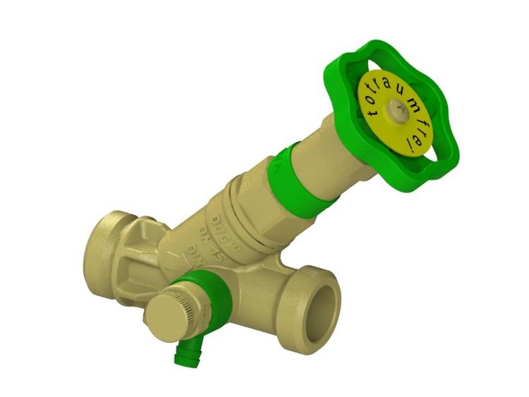 Schrägsitzventil aus Messing Nennweite 15 mit Entleerung und grünem Handrad, totraumfrei.