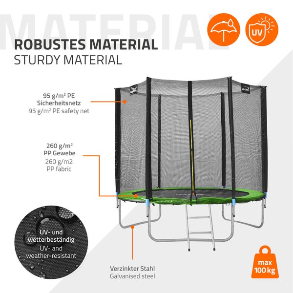 Hauki Trampolin Outdoor, Ø183 cm, Grün, GS geprüft, Rundes Gartentrampolin für Kinder bis 100 kg, Komplettset mit Sicherheitsnetz, Leiter, Randabdeckung, Gepolsterte Stangen, Stabile Kindertrampolin