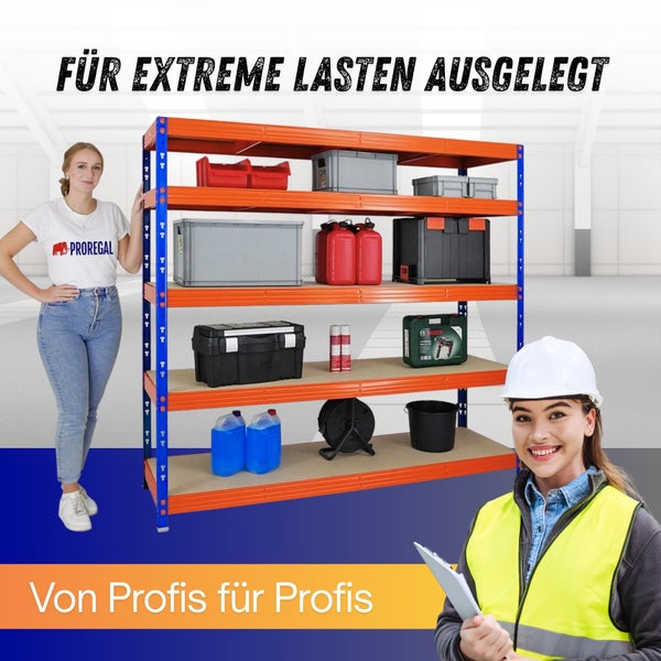 Stabiles Schwerlastregal mit fünf Ebenen in hellem, organisiertem Lager, beladen mit Werkzeug und Behältern, Proregal Logo.