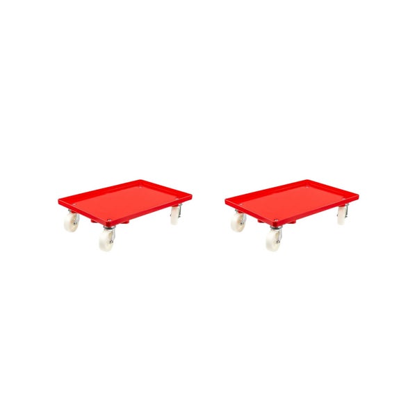 PROREGAL SparSet 2x Transportroller für Euroboxen 60 x 40 cm mit Kunststoffräder Rot Geschlossenes Deck 2 Lenkrollen und 2 Bremsrollen 300 kg