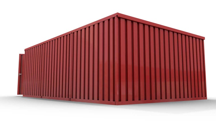 Lagercontainer Gerätehaus L3  – 25 qm, H2150 x B4050 x T6520 mm, Außenwandlackierung RAL 3000 feuerrot, Dach außen verzinkt, mit Holzfußboden, 1830 mm Doppelflügeltür mittig in Stirnseite, montiert
