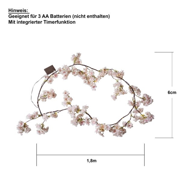 Kirschblüten Lichterkette mit Timerfunktion, 1,8 Meter lang und sechs Zentimeter breit. Benötigt drei AA Batterien, nicht enthalten.