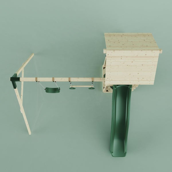 Spielturm mit Schaukel und Rutsche aus Holz, Vogelperspektive