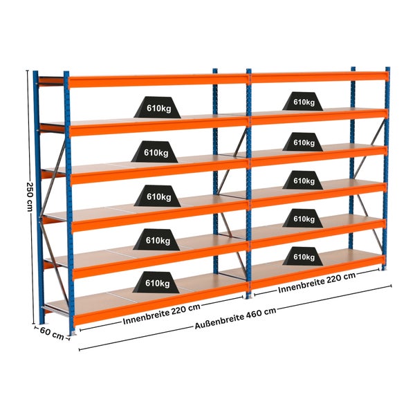 Schwerlastregal mit sechs Fächern und einer Traglast von 610 kg pro Fach