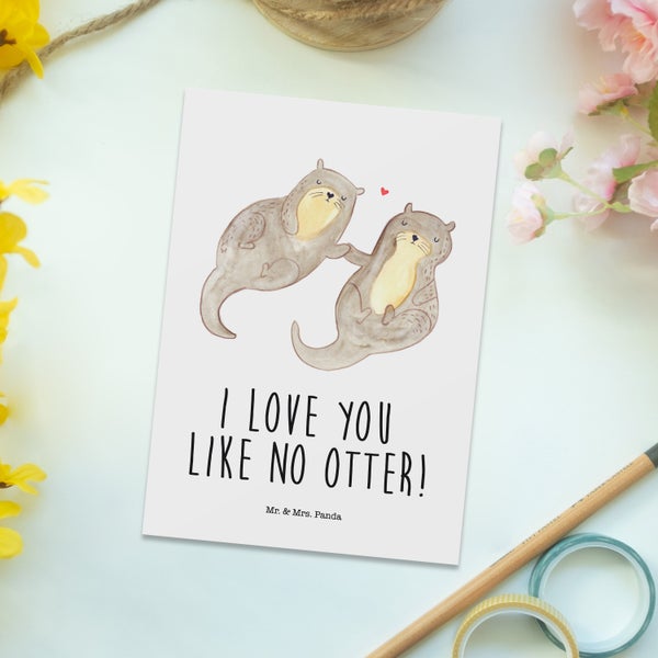 Mr. & Mrs. Panda Postkarte Otter Hände halten - Weiß