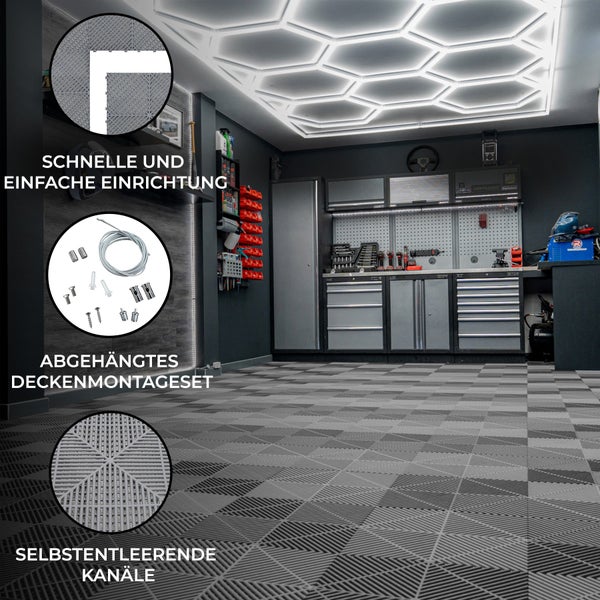 Belüftete Garagenbodenfliesen und sechseckige LED-Leuchten x 120 mit Kanten – Grau