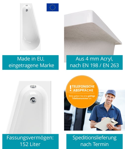 Asymmetrische Badewanne aus 4 Millimeter Acryl, hergestellt in der Europäischen Union, Inhalt 152 Liter, Speditionslieferung nach Terminabsprache.