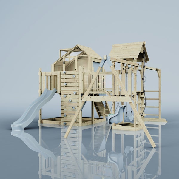 Spielplatz mit Rutsche, Schaukeln, Kletterwand und Spielhaus aus Holz