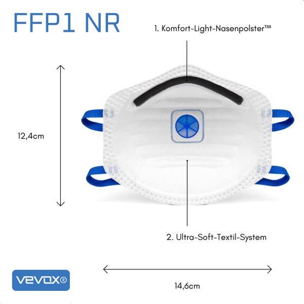 VEVOX® FFP1 Maske mit Ventil – im 5er Set – Staubmaske – Atemschutzmaske – Staubschutzmaske – Feinstaubmaske – Atemschutz z.B. gegen Feinstaub, Schleifstaub oder Baustaub