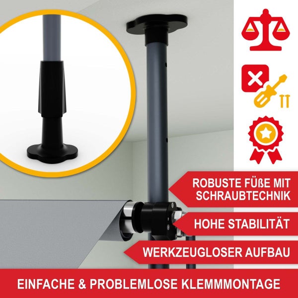 Teleskop-Klemmstange mit robusten Füßen, hohe Stabilität, werkzeugloser Aufbau und einfache Klemmmontage.