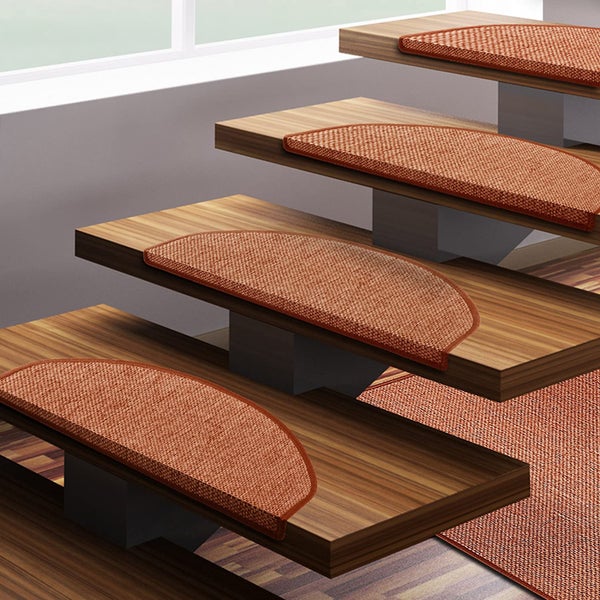 FLOORDIREKT Stufenmatte Sabang - Sisaloptik - Gekettelter Rand & Selbstklebend - Terra - 23,5 x 65 cm - Halbrund