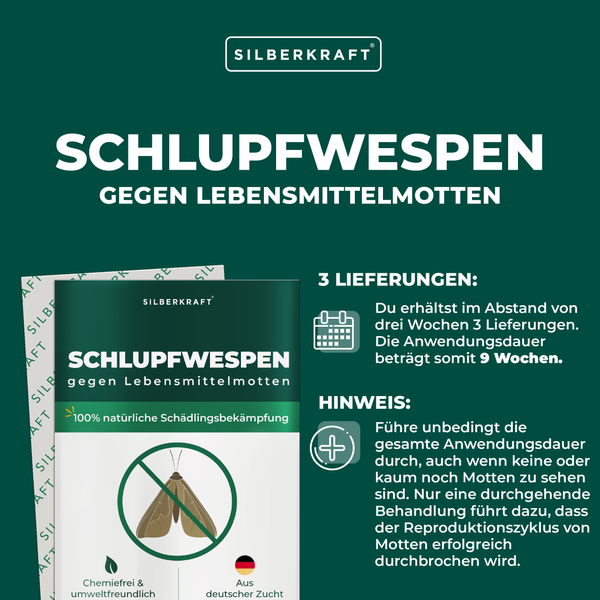 Schlupfwespen gegen Lebensmittelmotten 3 Lieferungen je 10 Karten (30 Karten gesamt)