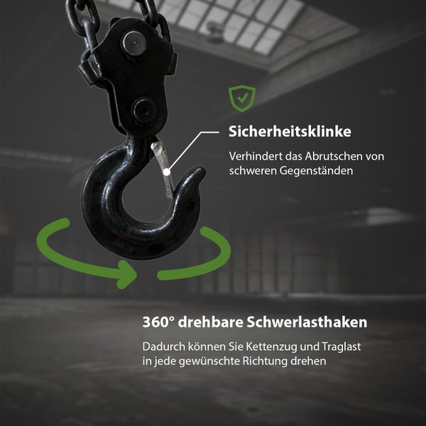 Schwerlasthaken mit Sicherheitsklinke und 360 Grad Drehfunktion für Kettenzug zum sicheren Heben von Lasten.