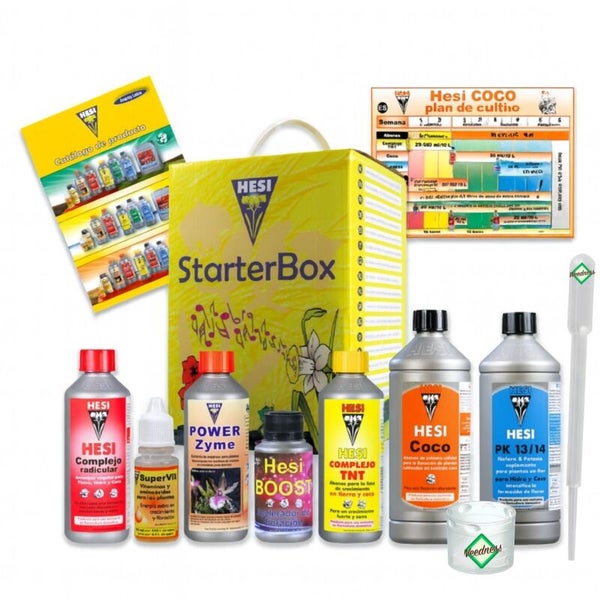 Hesi StarterBox Coco Set mit Pflanzenduenger, Bodenhilfsstoffen, Pipette, Messbecher, Produktkatalog und Anbauplan fuer die Pflanzenzucht.