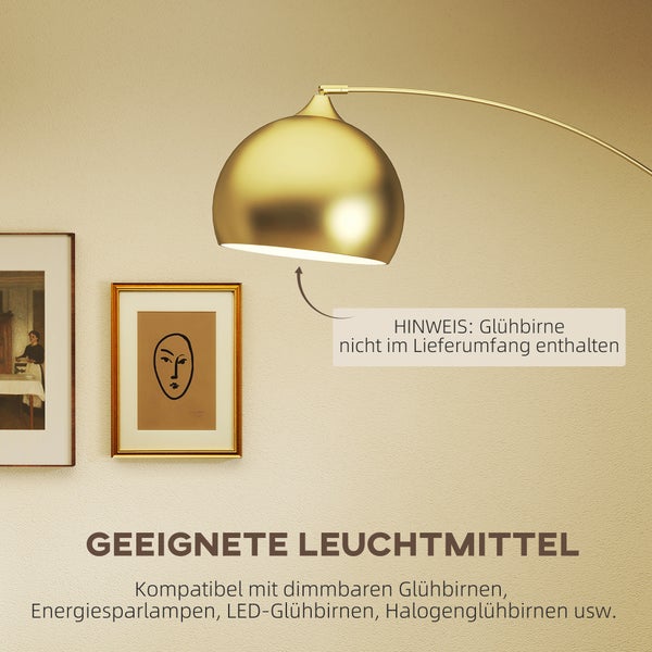 Goldene Bogenlampe mit Metallschirm, Hinweis zur Kompatibilität mit verschiedenen Leuchtmitteln, Glühbirne nicht im Lieferumfang enthalten.