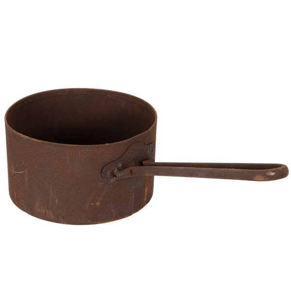 Rostiger Metalltopf mit Stiel für Garten und Dekoration.