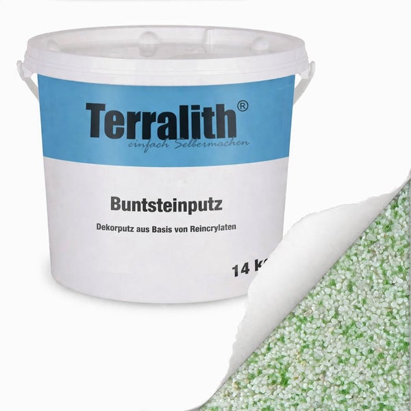 Terralith Buntsteinputz 14 Kilogramm, Dekorphutz auf Reinacrylatbasis mit grün-weißen Steinchen.