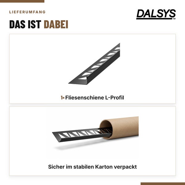 Lieferumfang Dalsys Fliesenschiene L-Profil, sicher verpackt in stabiler Kartonrolle für Fliesenabschluss