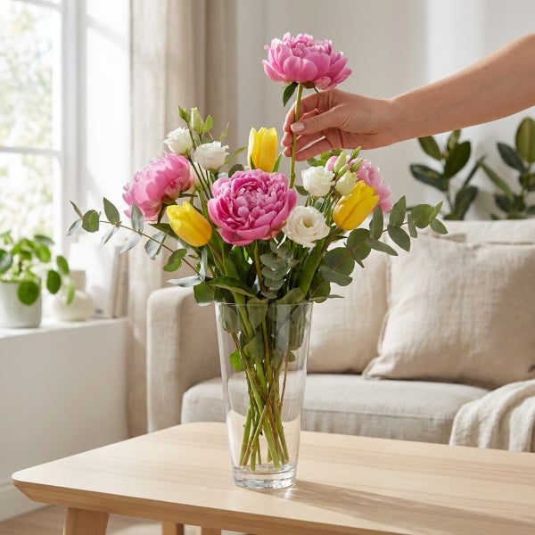 Hand arrangiert einen Blumenstrauß aus Pfingstrosen, Tulpen und Eukalyptuszweigen in einer transparenten Glasvase auf einem Holztisch.