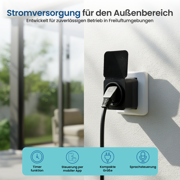 Außensteckdose mit Timerfunktion, Steuerung per mobiler App, kompakter Größe und Sprachsteuerung