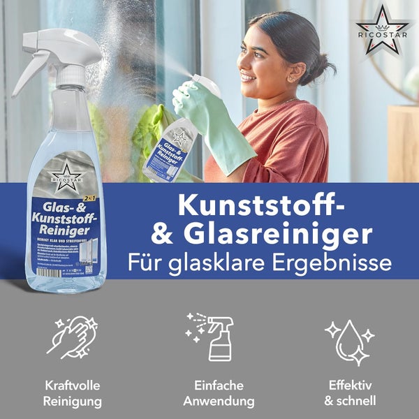 Ricostar 2in1 Glas- & Kunststoffreiniger 500 ml – Scheibenreiniger für streifenlosen Glanz & Sauberkeit – Glasreiniger für Fenster, Spiegel, Autoscheiben & Kunststoffflächen – Effektiv gegen Schmutz