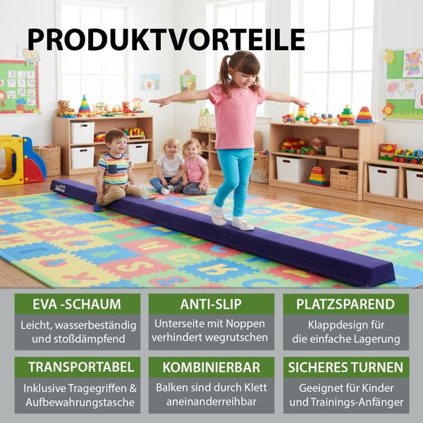 Kinder spielen auf einem violetten Balancierbalken aus EVA-Schaum in einem hellen Spielzimmer. Der Balken ist klappbar und rutschfest.
