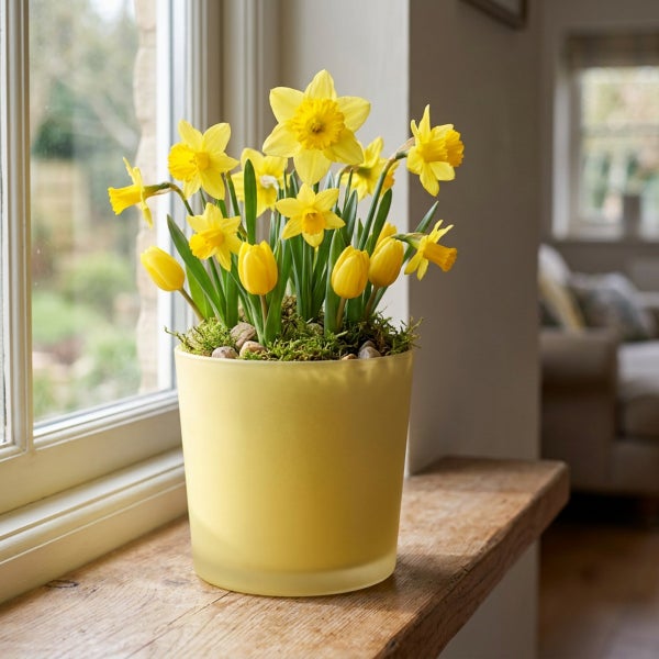 Ein Übertopf mit einer Frühlingsbepflanzung aus Narzissen und Tulpen auf einer Fensterbank.