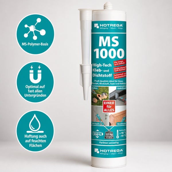 Hotrega MS 1000 High Tech Kleb und Dichtstoff Kartusche auf MS Polymer Basis für innen und außen sowie feuchte Untergründe.