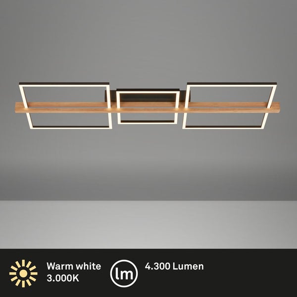 Briloner Moldura LED Deckenlampe, Stufen dimmbar, Holzdekor, Speicherfunktion, Warmweißes Licht, Schwarz-Holz, 108 x 35 x 8 cm