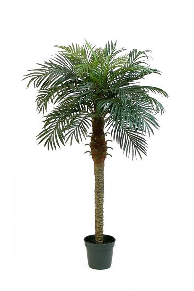 Künstliche Palme mit strukturiertem Stamm und grünen Wedeln in einem dunklen Kunststofftopf.