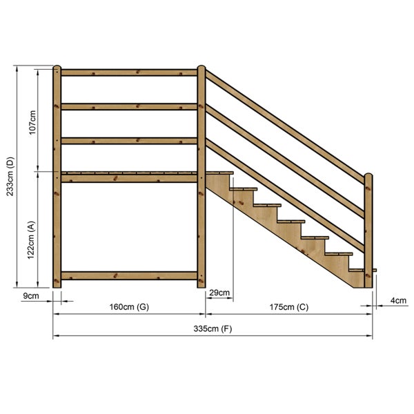 Technische Zeichnung eines Holzspielturms mit Maßen