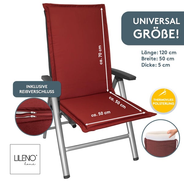 Hochlehner-Sesselauflage von Lileno Home mit Reißverschluss und Thermovlies-Polsterung, Maße circa 120 mal 50 mal 5 Zentimeter.