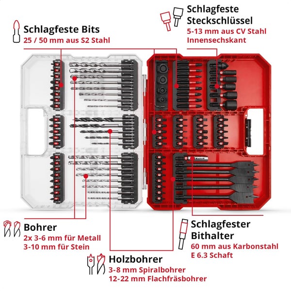 Original Einhell XL-CASE 95-tlg. schlagfestes Bit- und Bohrer-Set (Bits, diverse Bohrer, Bithalter, Steckschlüssel, Senker, Bohrstopper, Stiftschlüssel inkl. Aufbewahrungsbox)