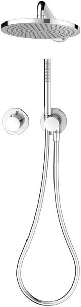 Unterputz-Duschset verchromt mit runder Regendusche, Stabhandbrause, Brauseschlauch und zwei kreisförmigen Armaturen.