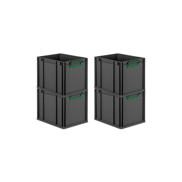 PROREGAL SuperSparSet 4x Eurobox NextGen Color, HxBxT 32x30x40cm, 30 Liter, Griffe grün geschlossen, Schwarz, Eurobehälter, Transportbox, Transportbehälter, Stapelbehälter