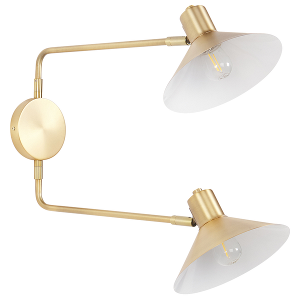 Zweiflammige Wandleuchte aus Metall in Messingfarben mit zwei verstellbaren Armen und konischen Schirmen.