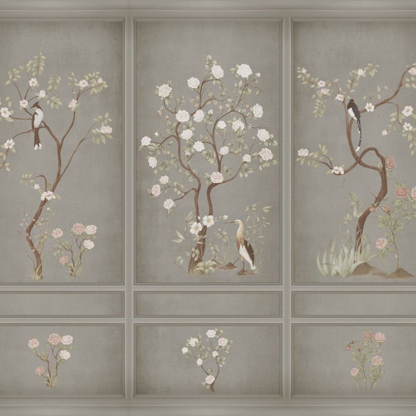 Tapete mit Baum-, Vogel- und Blumenmotiven