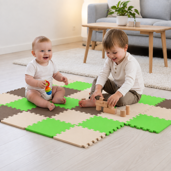 Zwei Kinder spielen auf einer modularen Schaumstoffmatte mit Puzzle-Design auf dem Wohnzimmerboden.