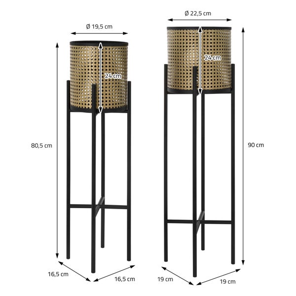 ML-Design Blumenständer 2er Set Schwarz-Gold 16,5x16,5x80,5 cm/19x19x90 cm, Stahl, Blumentopfständer mit Übertopf, Metall Pflanzenständer, Blumentopfhalter 2-tlg, Pflanztopf Blumensäule Blumenhocker