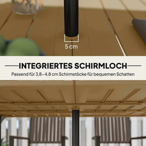 Gartentisch mit integriertem Schirmloch von 5 Zentimeter Durchmesser, passend für Schirmstöcke von 3,8 bis 4,8 Zentimeter.