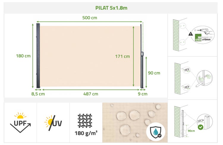 Seitenmarkise Pilat 5 mal 1,8 Meter mit Maßen, UV-Schutz, Stoffgewicht 180 Gramm pro Quadratmeter, wasserabweisend und Montageanleitung.