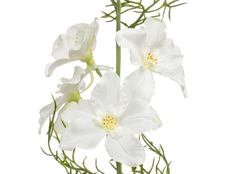Künstliche Blume Rittersporn mit weißen Blüten und grünem Stiel.